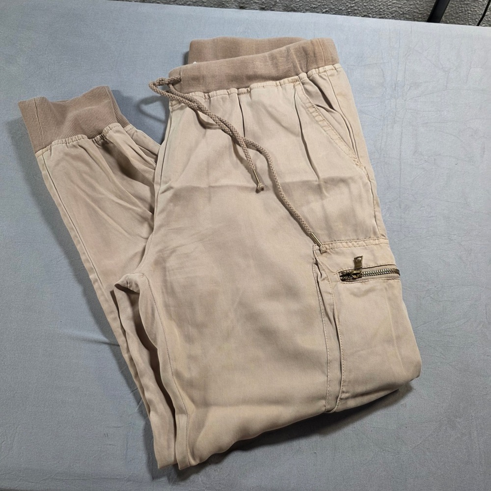 Young Fabulous & Broke Tan Tencel Cargo Joggers Drawstring Pants Small Khaki *